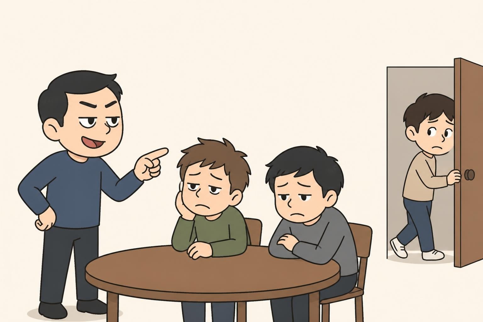 서서 손가락질하며 이래라저래라 하는 사람과 지친 표정으로 앉아 있는 두 사람, 문 앞에서 그 모습을 보고 돌아서는 새 회원을 그린 만화풍 삽화