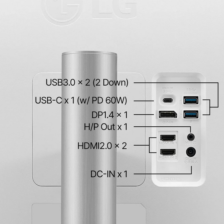 32UP830K 뒷면 단자: USB 3.0 2개, USB-C(PD 60W), DP 1.4, 헤드폰 출력, HDMI 2.0 2개, 전원