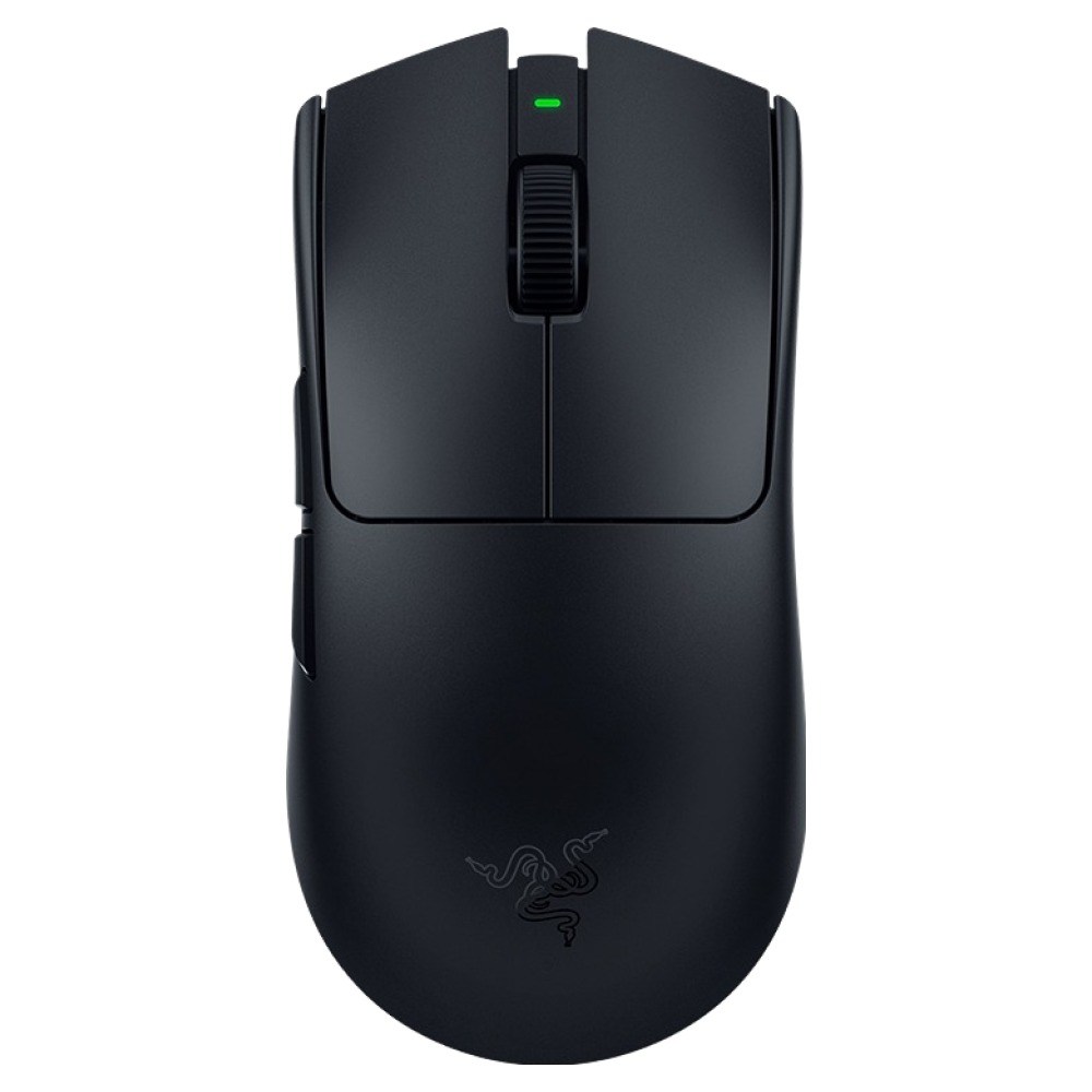 Razer Viper V4 Pro 블랙을 위에서 본 모습. 휠 앞에 작은 초록색 표시등이 있다