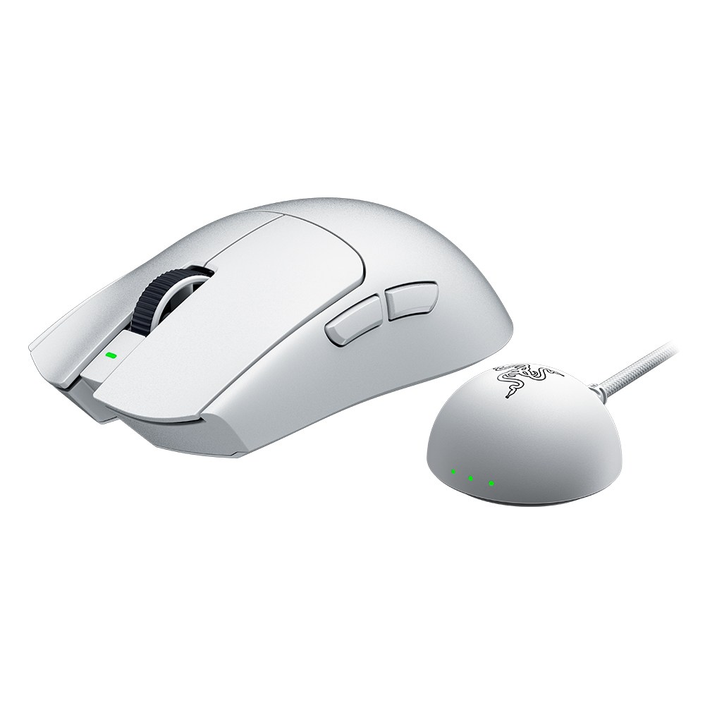 Razer Viper V4 Pro 화이트와 반구형 무선 동글