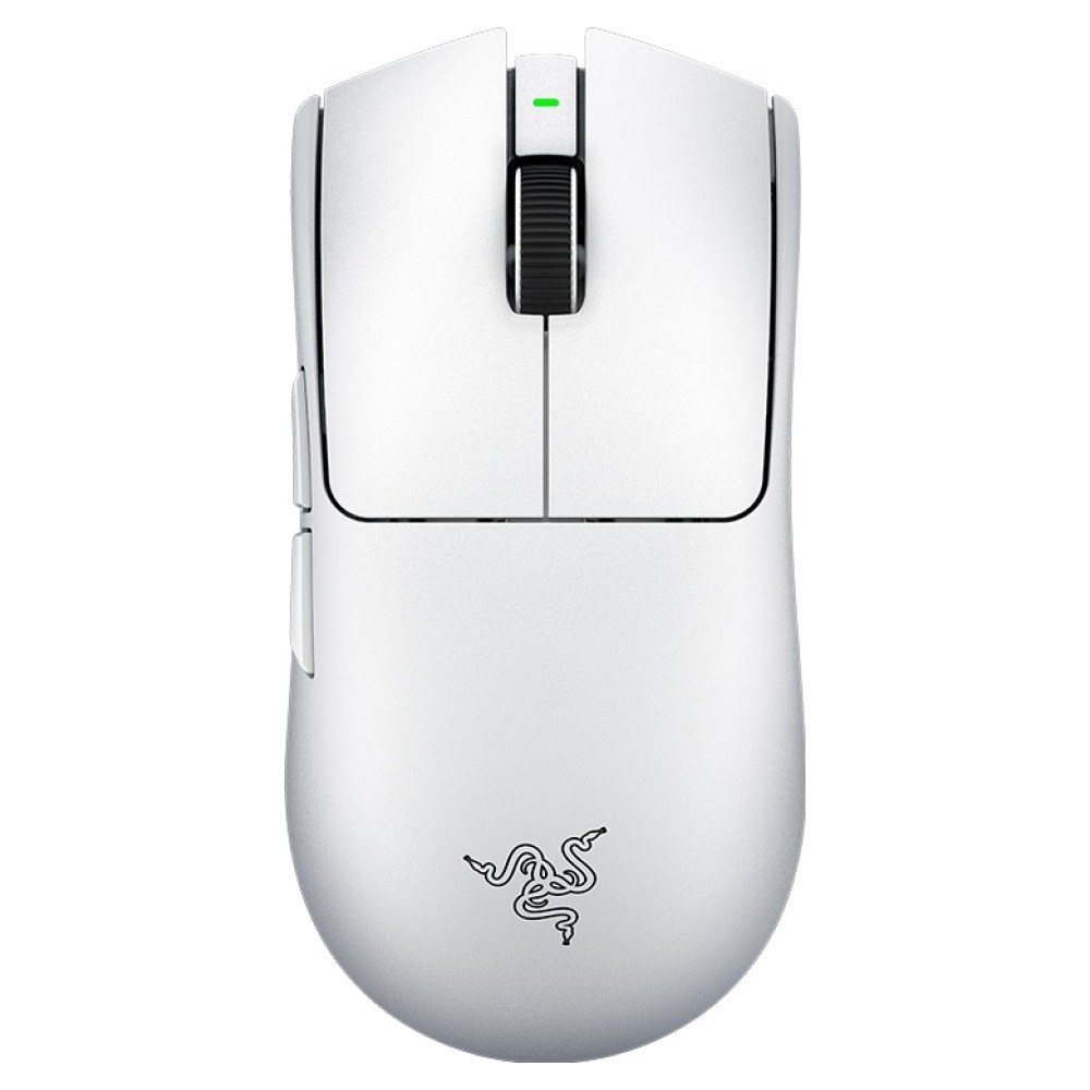 Razer Viper V4 Pro 화이트를 위에서 본 모습. 손바닥 쪽에 은색 레이저 로고가 있다